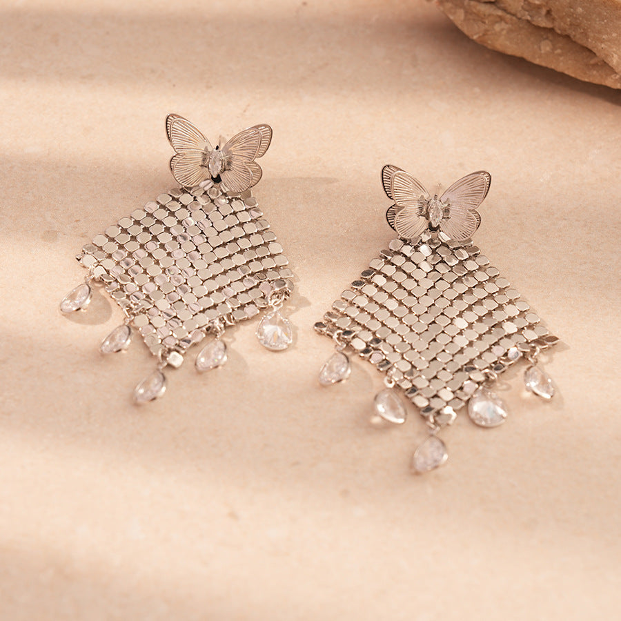 Versatile Butterfly Sequin Tassel Earrings Silver