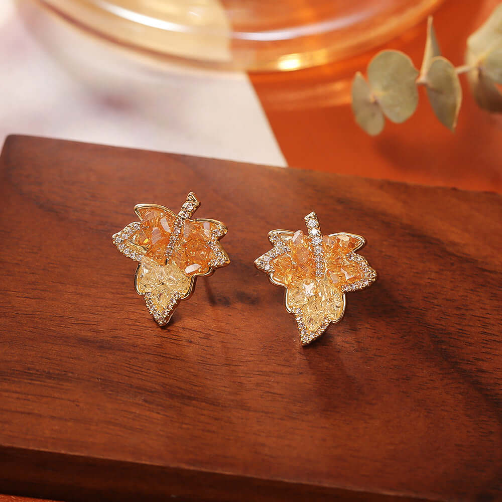 Gradient Maple Leaf Paved Crystal Earring Stud