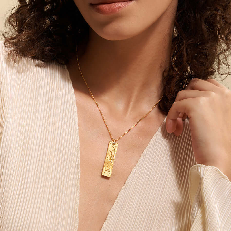 Rectangular Zodiac Pendant Necklace Gold