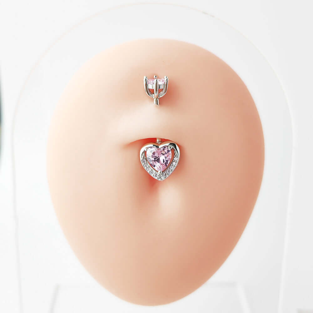 Pink CZ Heart Double Mount Belly Button Ring