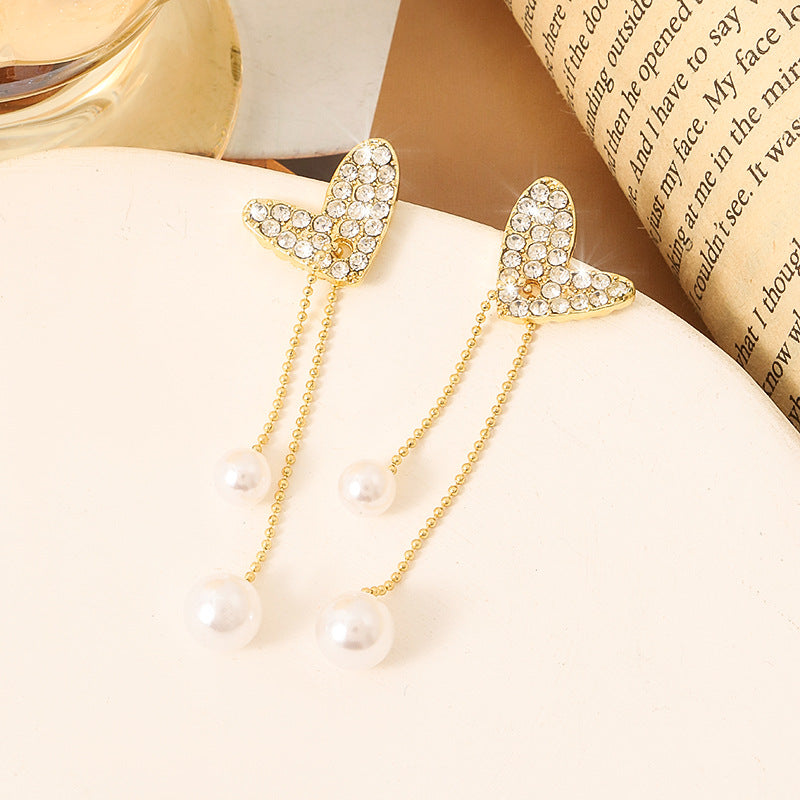 Pearl Heart Tassel Drop Earrings