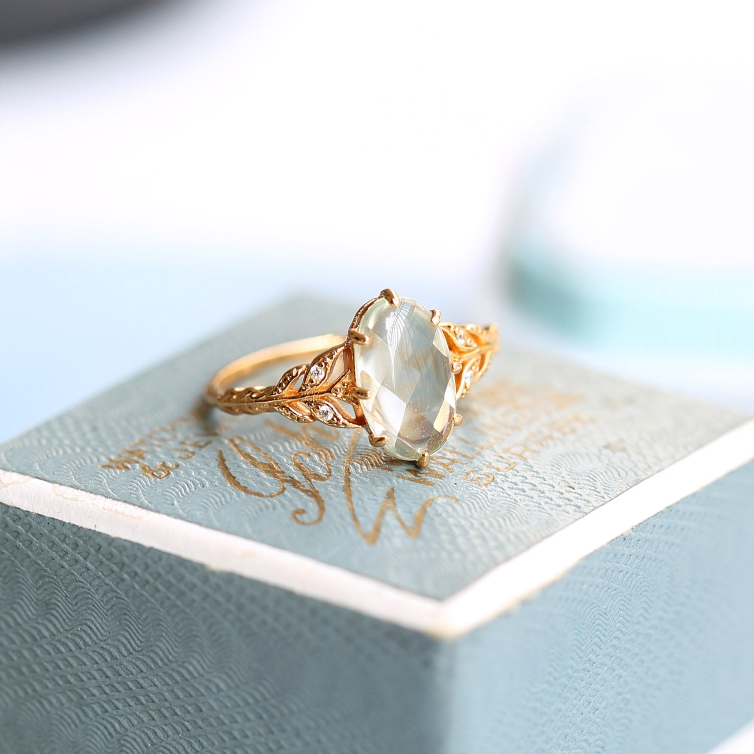 Vintage Green Amethyst Leaf Branch Ring