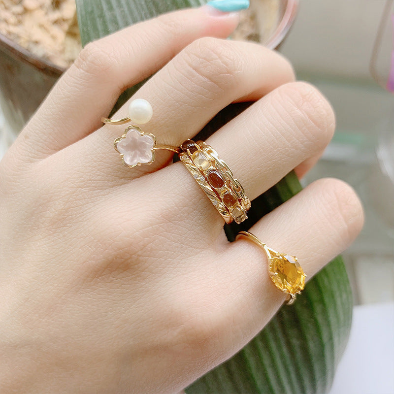 Vintage Citrine Smoky Quartz Stacking Chain Ring Set