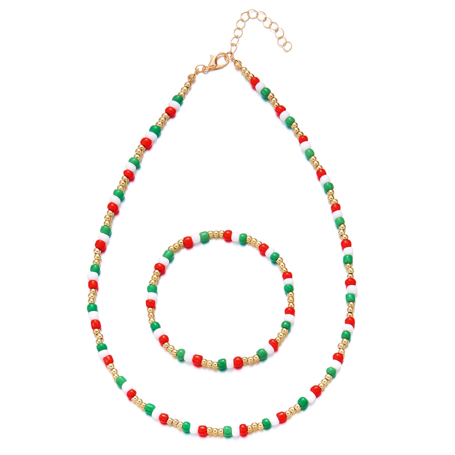 Red Green Rainbow Seed Beads Xmas Choker Necklace Bracelet Set