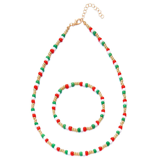 Red Green Rainbow Seed Beads Xmas Choker Necklace Bracelet Set