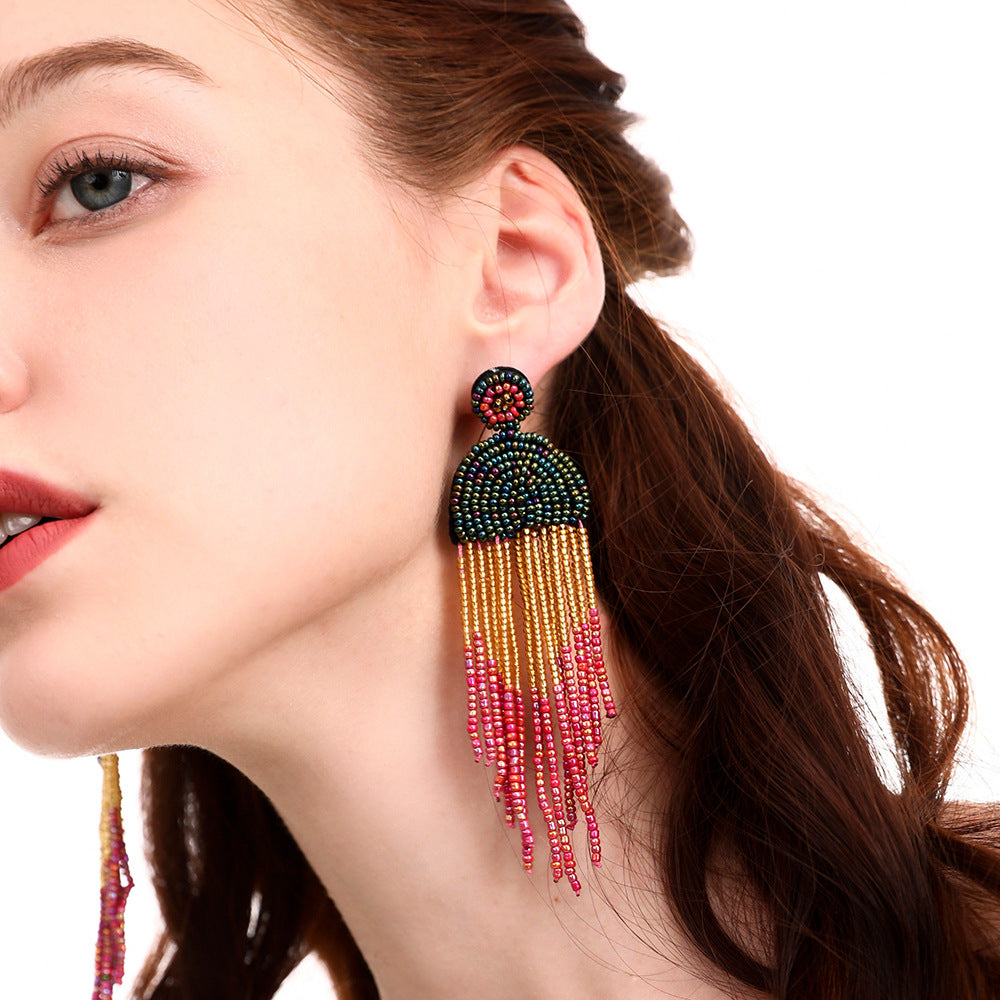 Bohemian Color Seed Beads Tassel Fringe Earrings