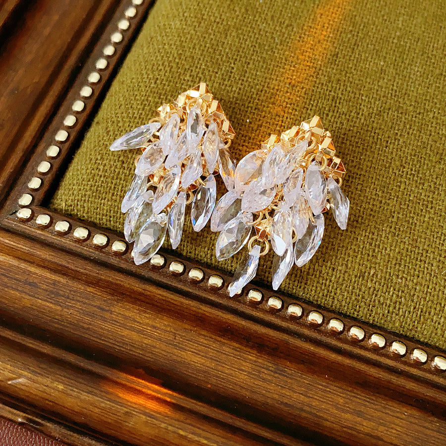 Classic Crystal Leaf Tassel Earrings