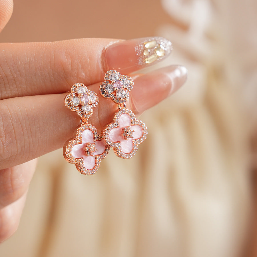 Dainty Pink Clover Drop Earrings