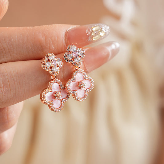 Dainty Pink Clover Drop Earrings