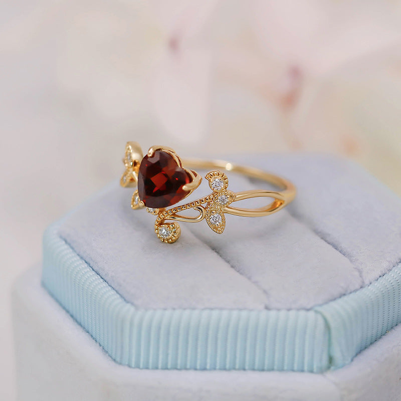 Red Garnet Heart Shaped Olive Branch Spiral Ring