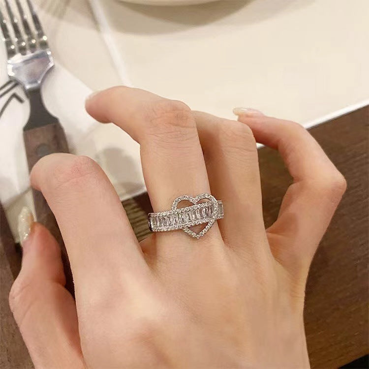 Wide Band Zircon Silver Heart Ring