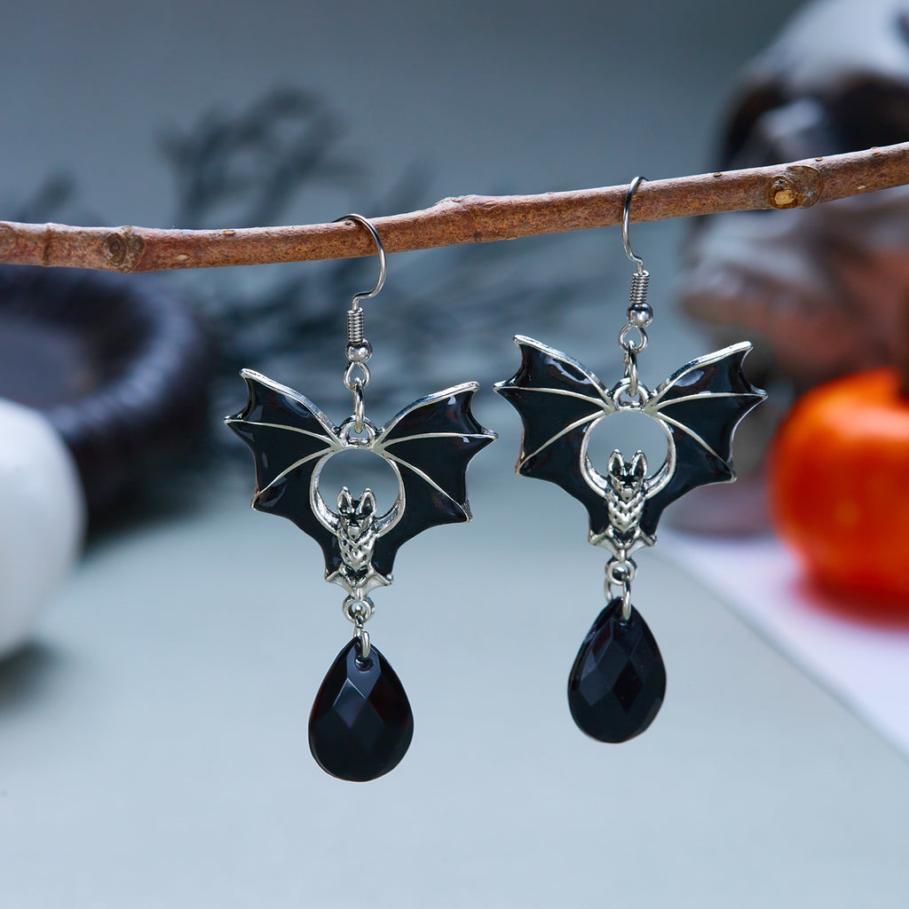 Midnight Bat Black Crystal Drop Earrings