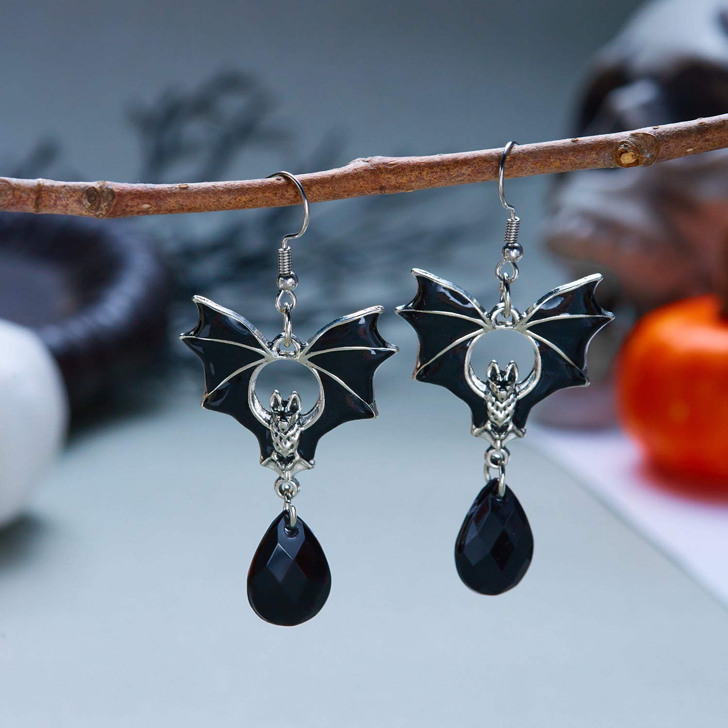 Midnight Bat Black Crystal Drop Earrings