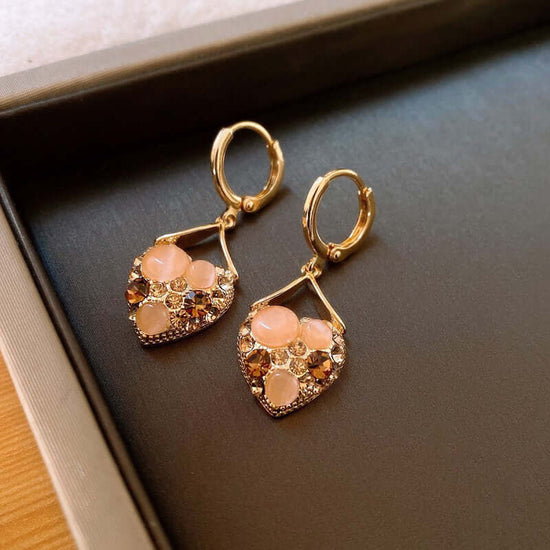 Cat Eye Stone Golden Heart Earrings Hoop