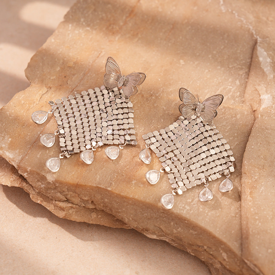 Versatile Butterfly Sequin Tassel Earrings SILVER