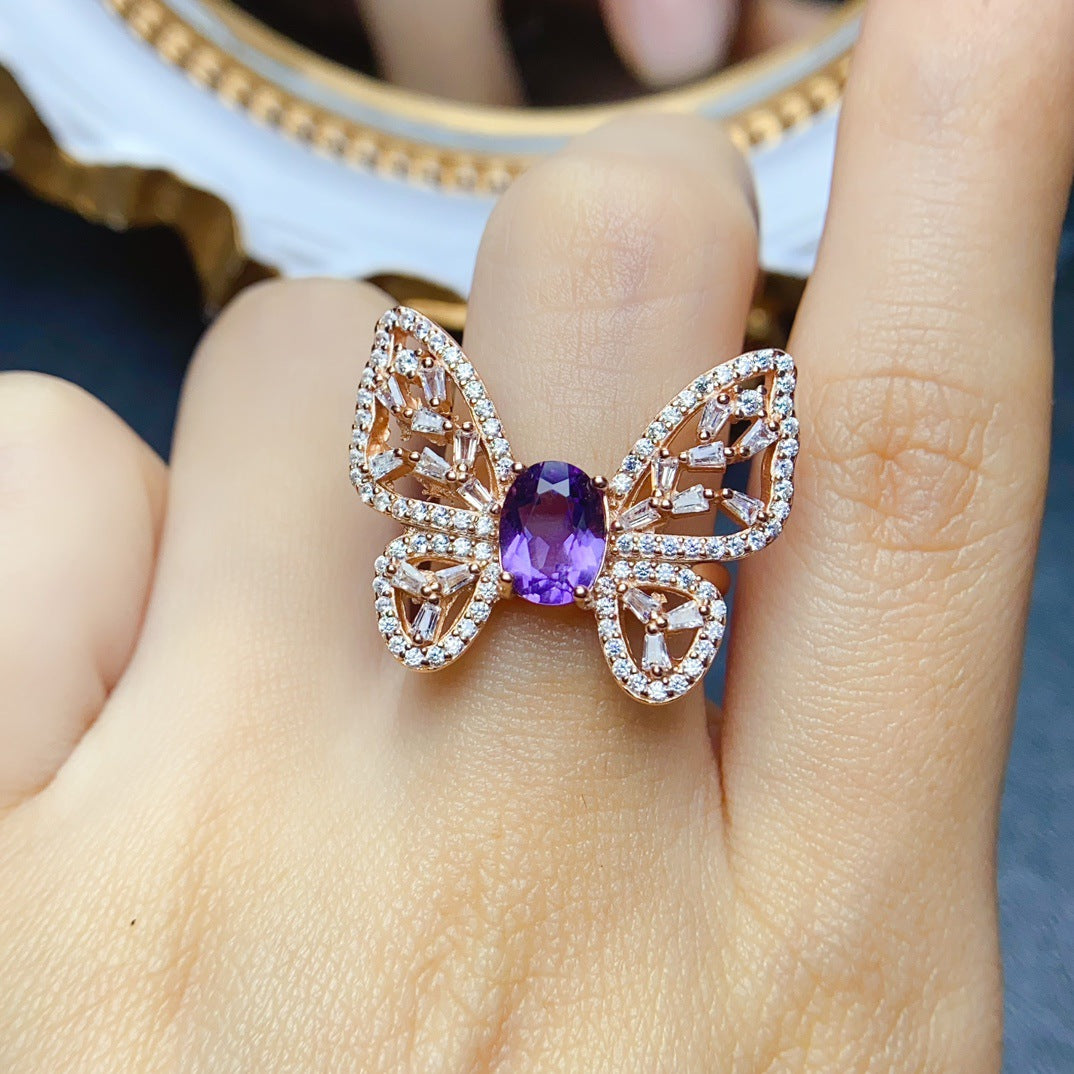18K Gold Butterfly Amethyst Crystal Ring