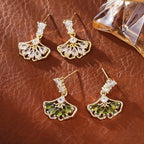 Fan Shape Ginkgo Leaf CZ Drop Earring
