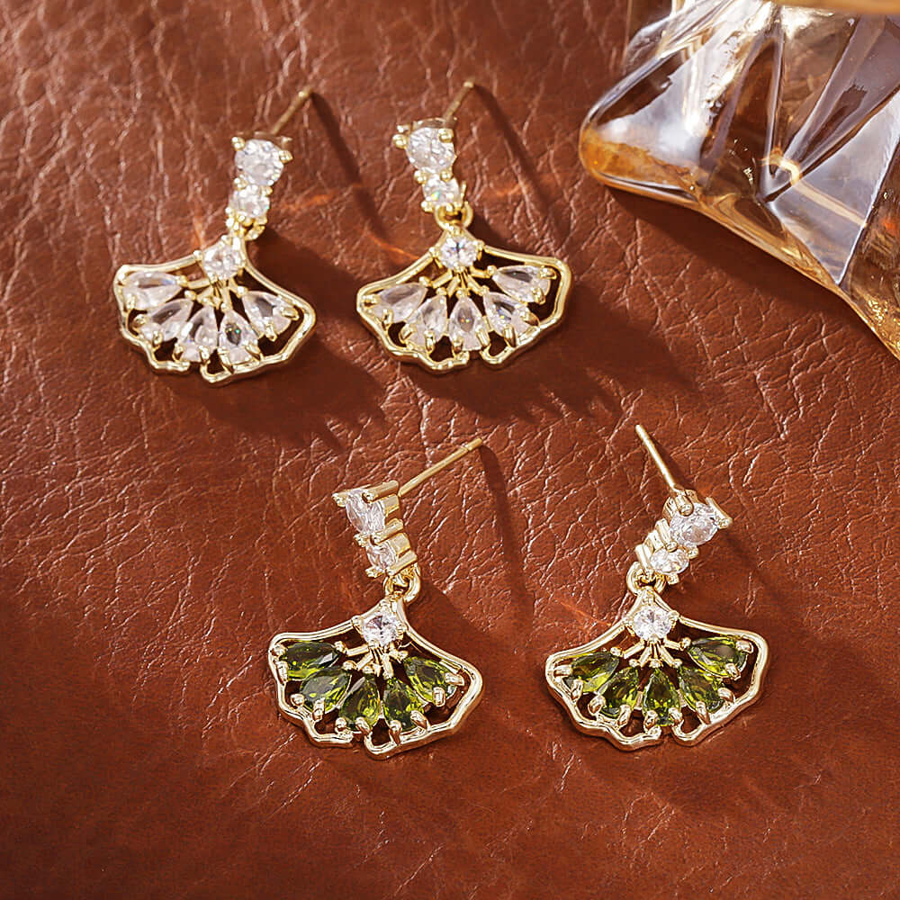 Fan Shape Ginkgo Leaf CZ Drop Earring