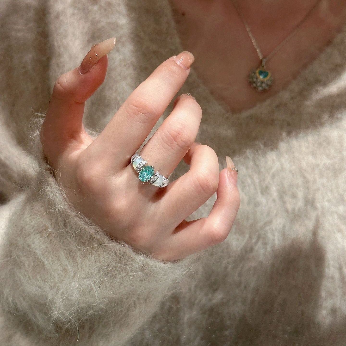 Paraiba-Inspired Blue Green Crystal Vintage Halo Ring