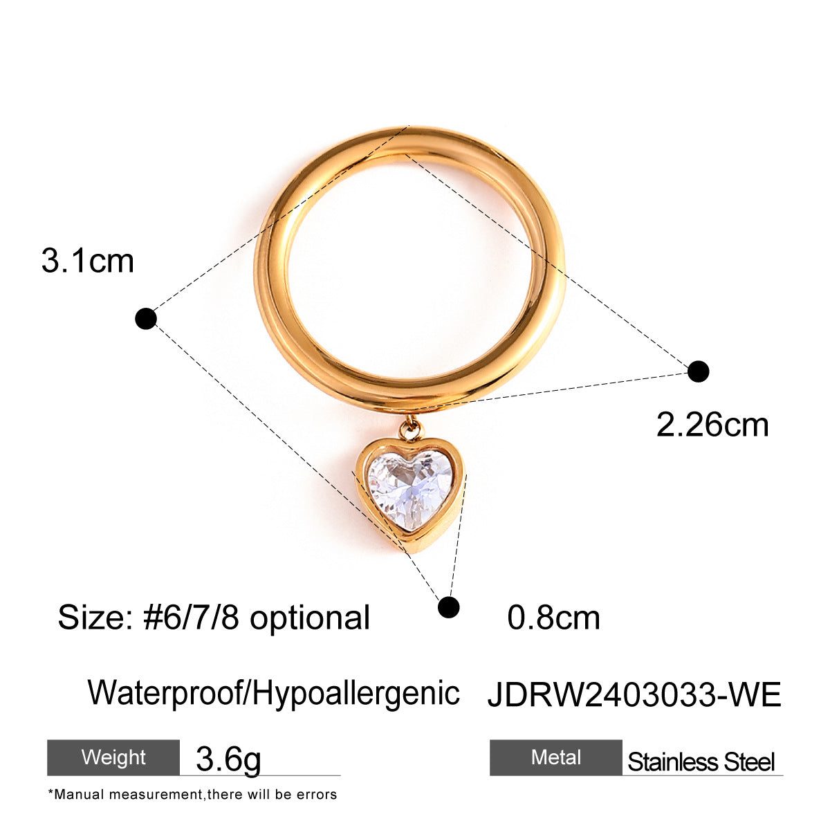 Dangle Heart Charm Zircon Self Love Ring