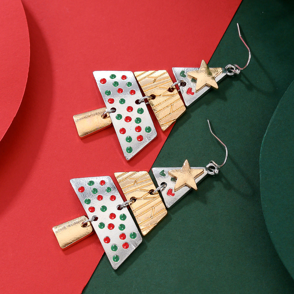 Christmas Tree Xmas Star 2 Tone Dangle Earrings