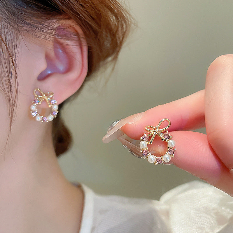 Dainty French Style Bow Pearl Studs