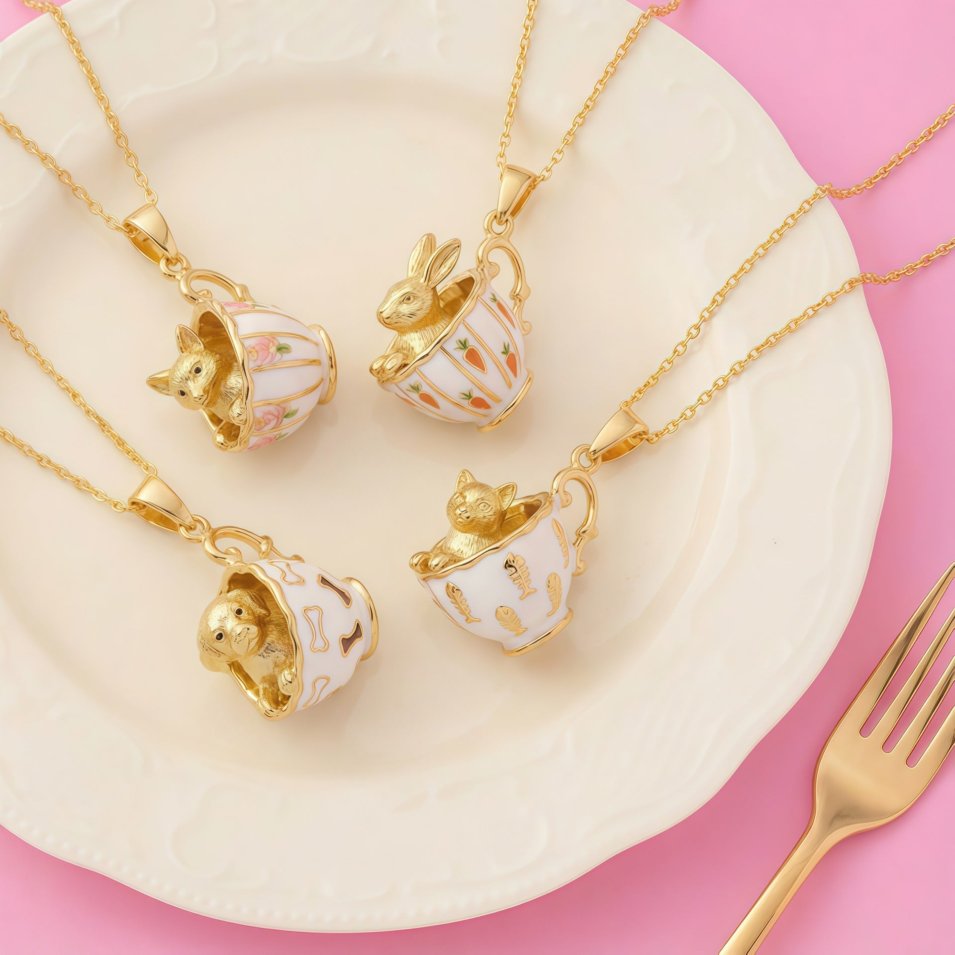 Pinkish Teacup Puppy Necklace