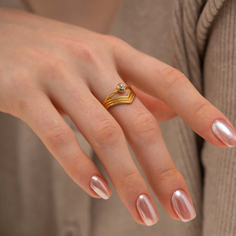 18K Gold Bezel Chevron Ring Stackable