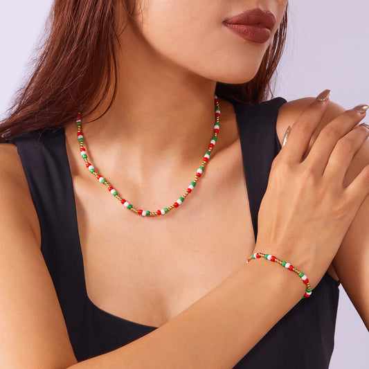 Red Green Rainbow Seed Beads Xmas Choker Necklace Bracelet Set