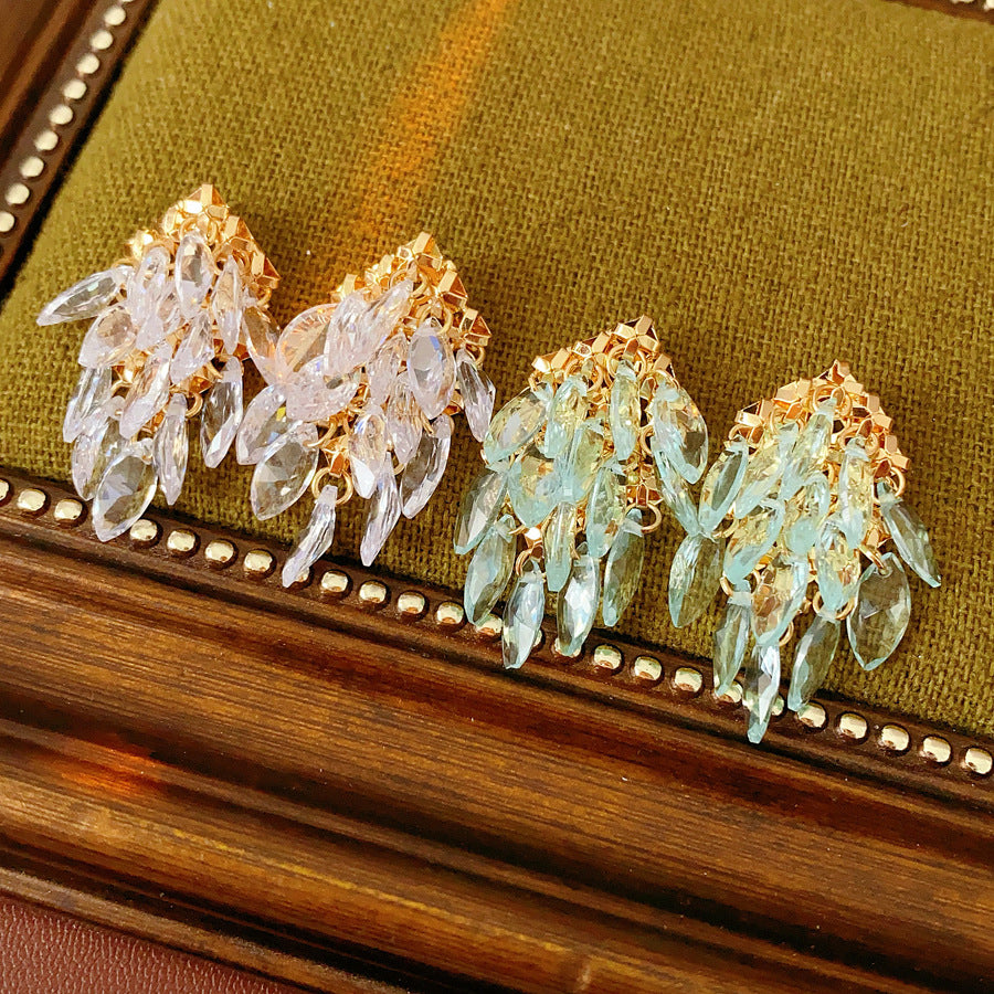 Classic Crystal Leaf Tassel Earrings