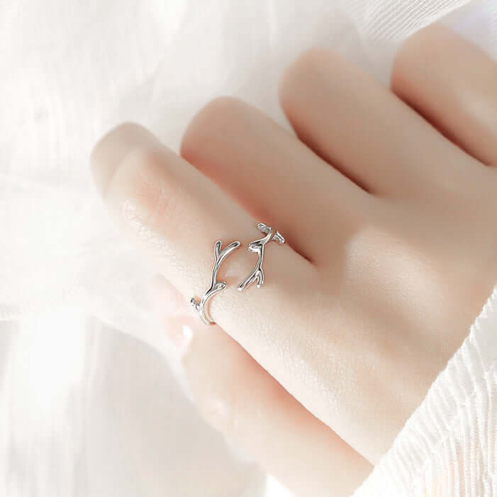 Sterling Silver Antler Deer Adjustable Ring