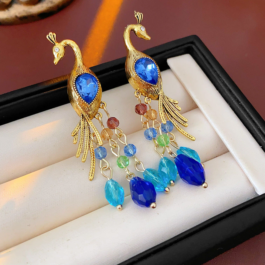 Vintage Blue Peacock Tassel Statement Earring