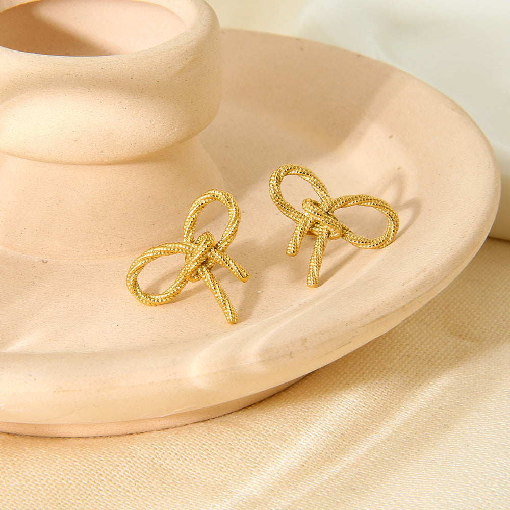 Mini Gold Bow Textured Knot Ribbon Stud Earrings