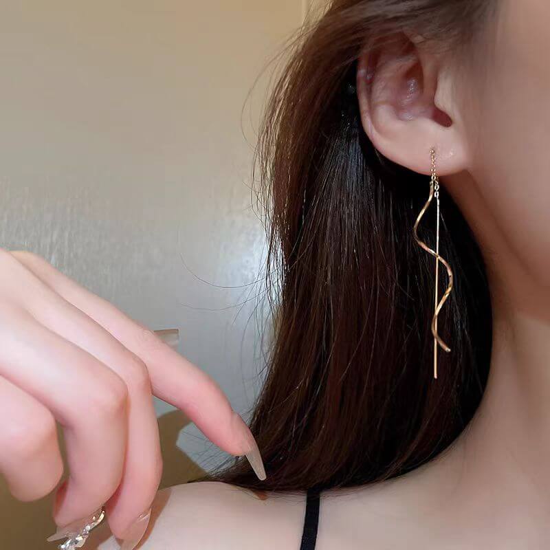 Gold Spiral Long Chain Threader Earrings
