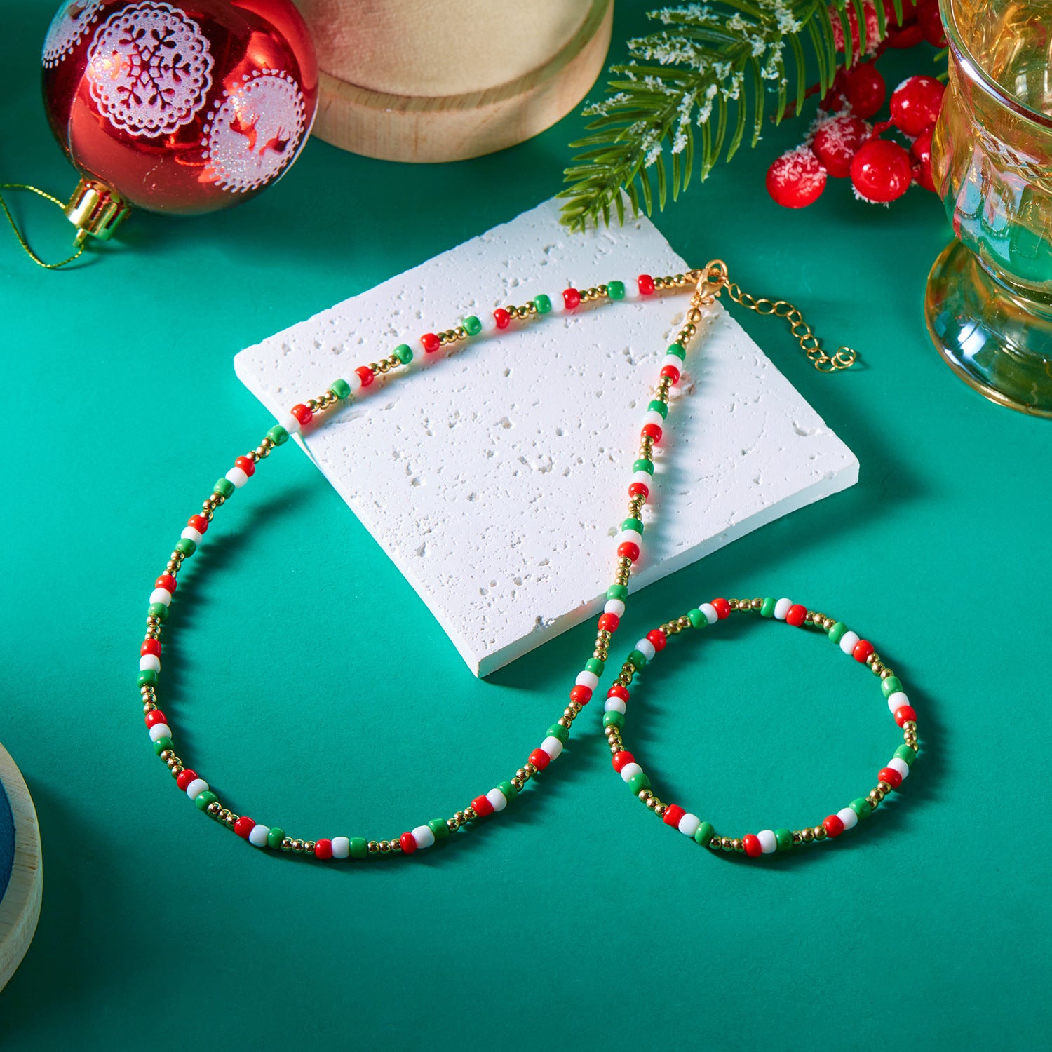 Red Green Rainbow Seed Beads Xmas Choker Necklace Bracelet Set