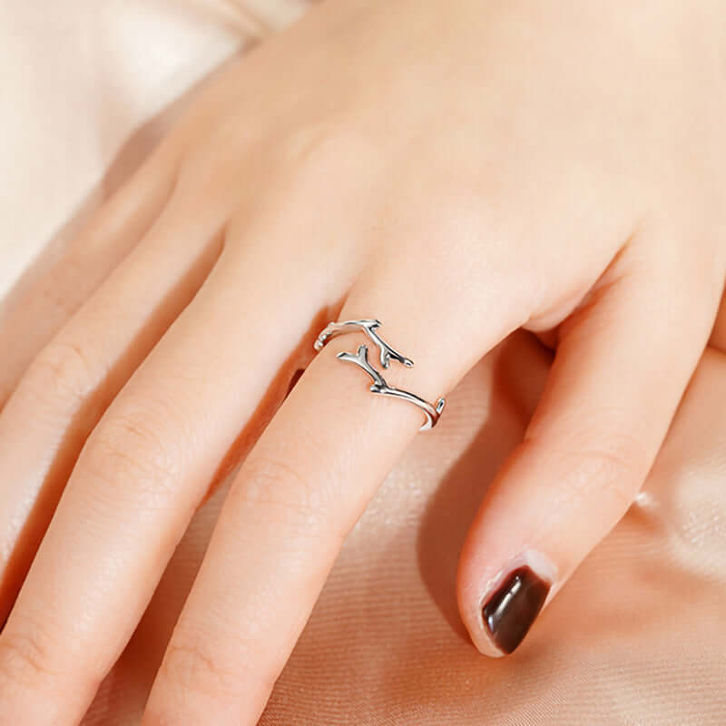 Sterling Silver Antler Deer Adjustable Ring