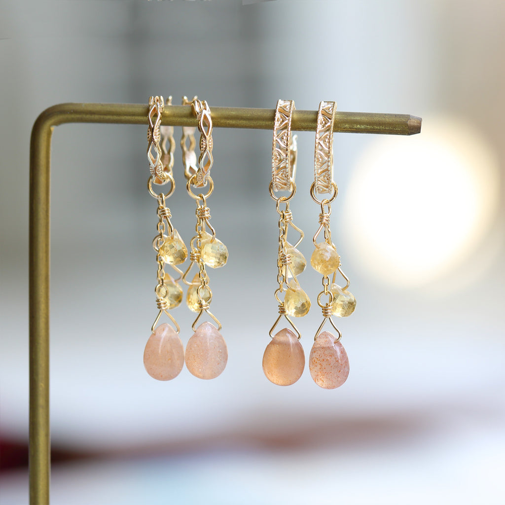 Hollow Citrine Sunstone Droplet Earrings