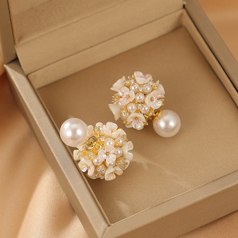 Elegant Pearl Flower Front Back Ear Jacket Earrings 