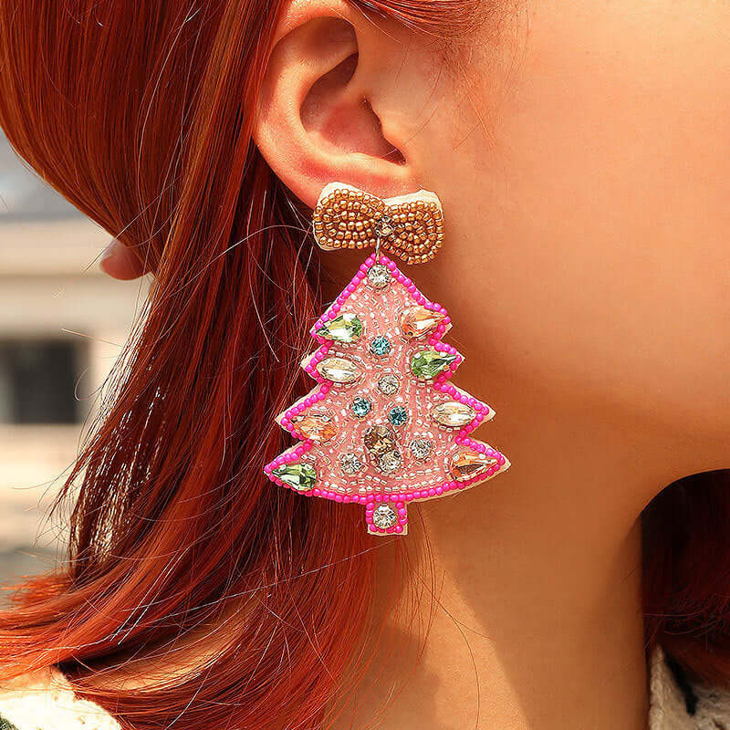 Handcraft Woven Glass Bead Xmas Tree Earrings