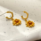 Dainty Sunflower C Hoop Pearl Dangle Earrings