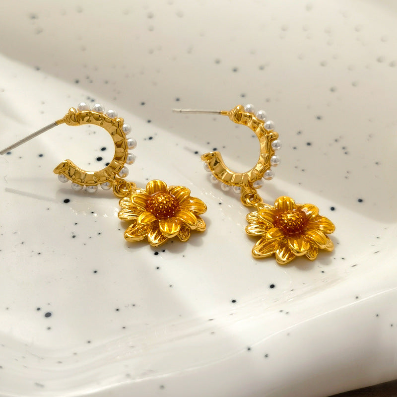 Dainty Sunflower C Hoop Pearl Dangle Earrings