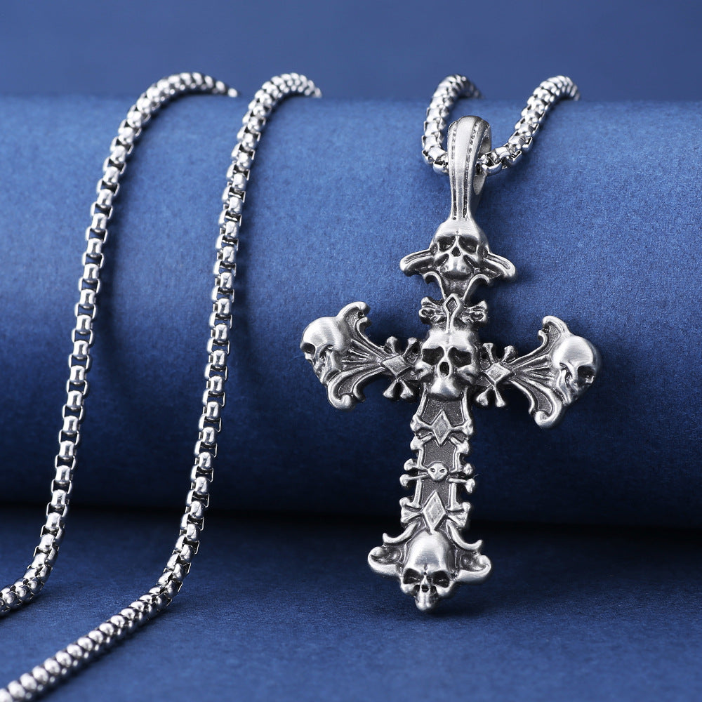 Halloween Skull Cross Pendant Herringbone Chain Necklace