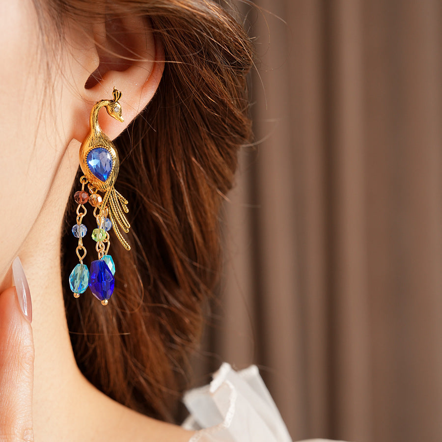 Vintage Blue Peacock Tassel Statement Earring