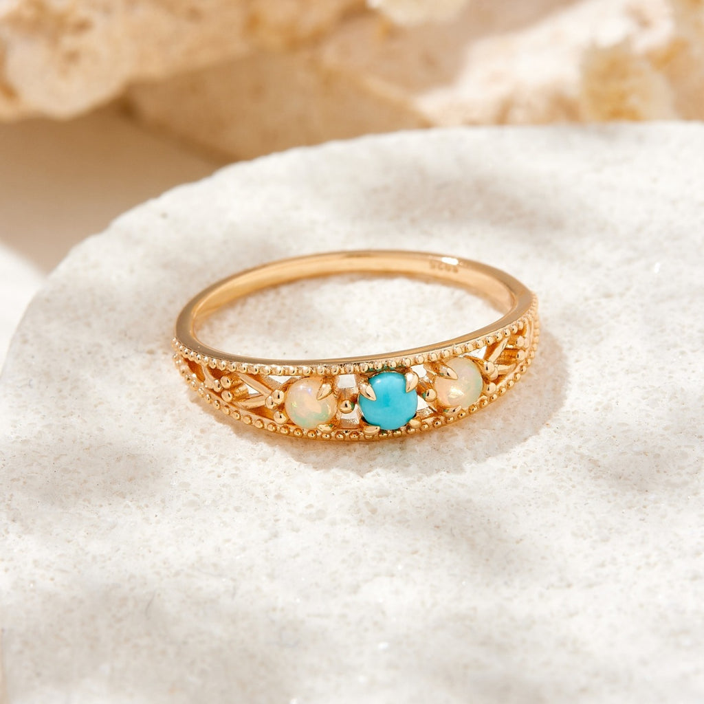 Ethnic Opal Turquoise Filigree Band Ring