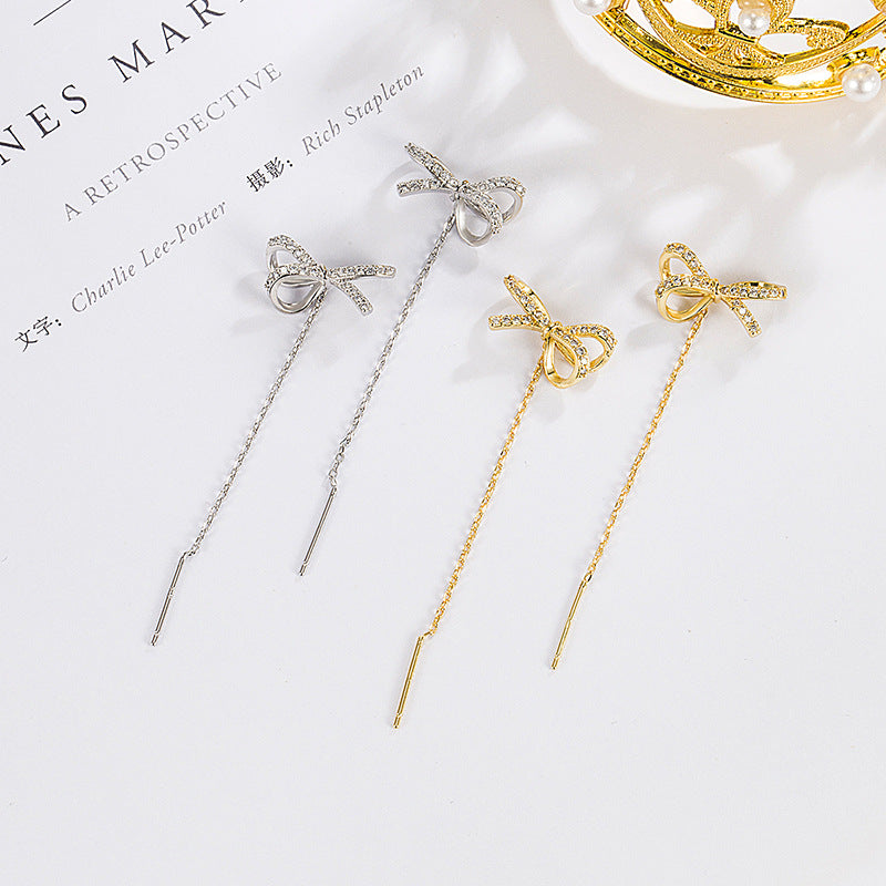 Gold Bow Tassel Fringe Threader Earrings