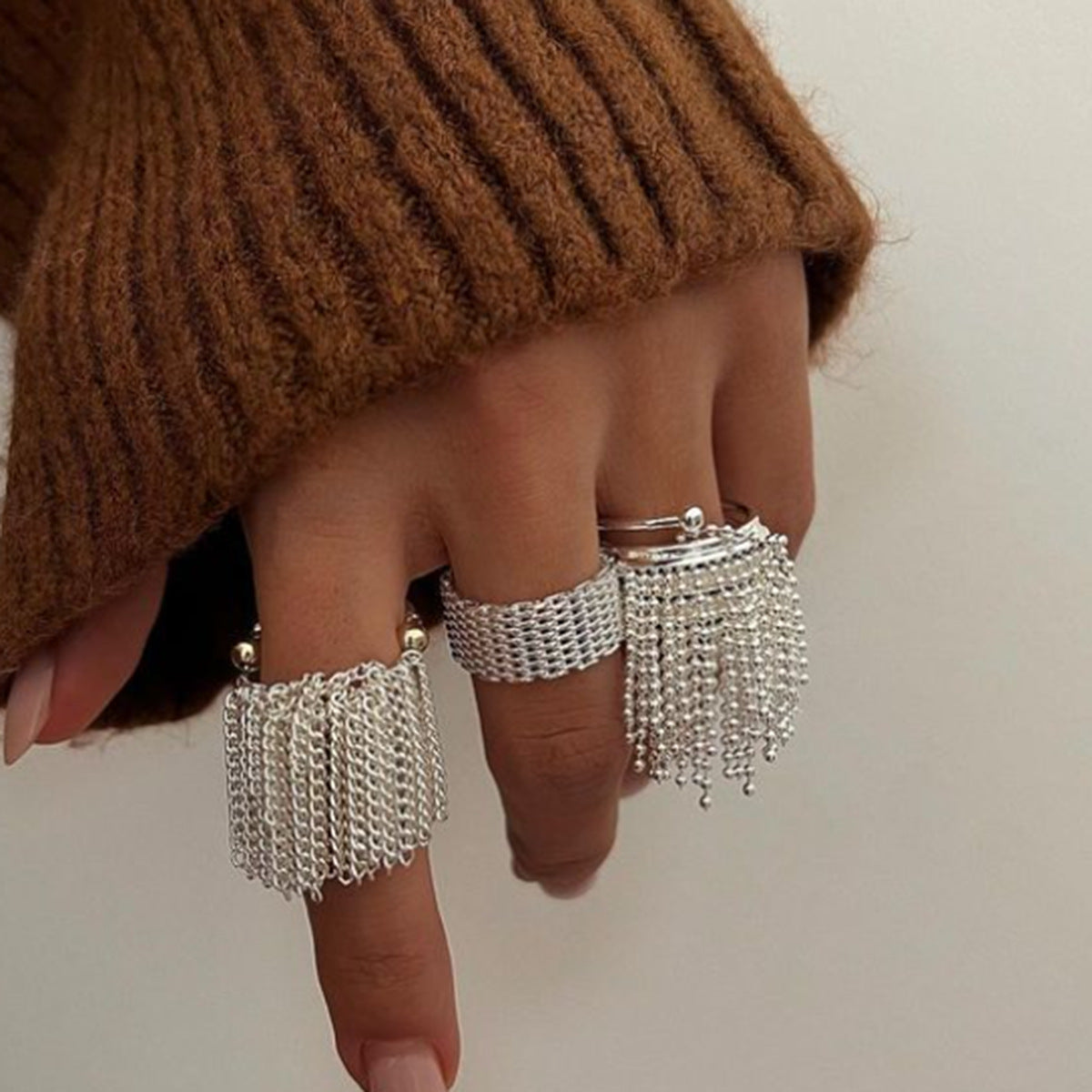 Exaggerate Gold Silver Two Tone Tassel Chain Ring