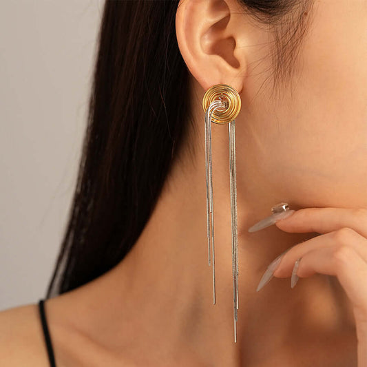 Gold Silver 2 Tones Metallic Spiral Tassel Long Chain Earrings