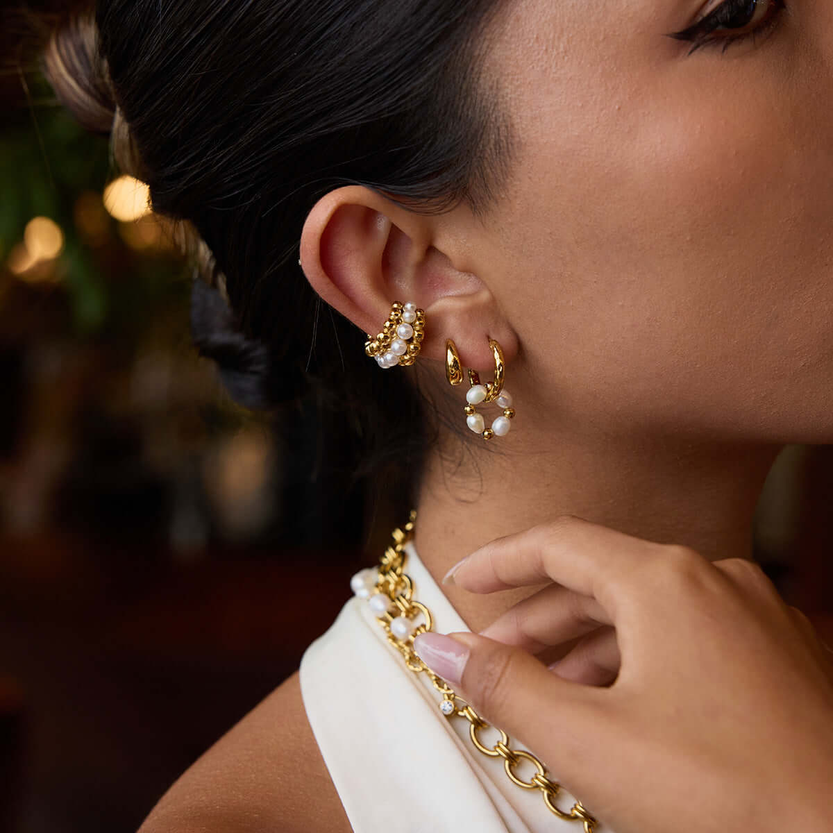 Baroque Pearl Donut Hoop Earring Ear Clip Set