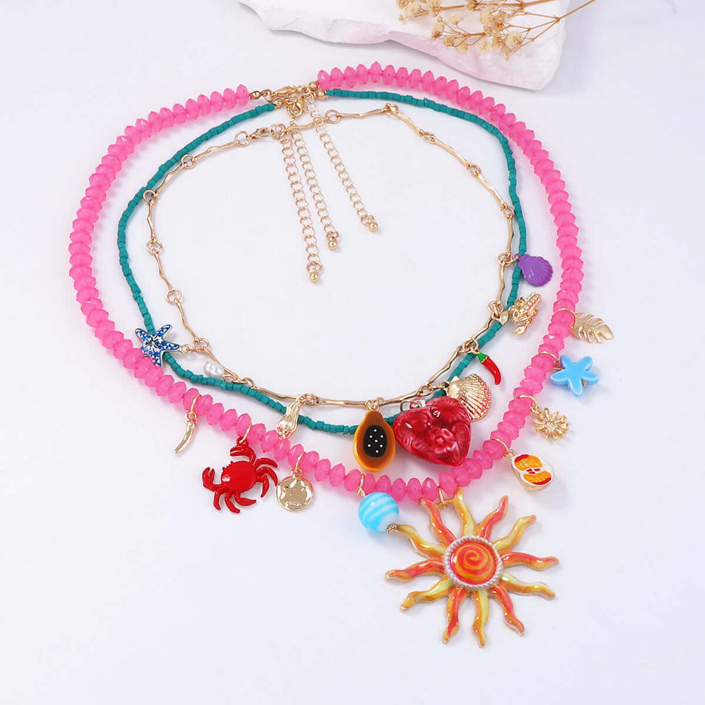 Smiley Sun Seed Bead Layering Summer Necklace