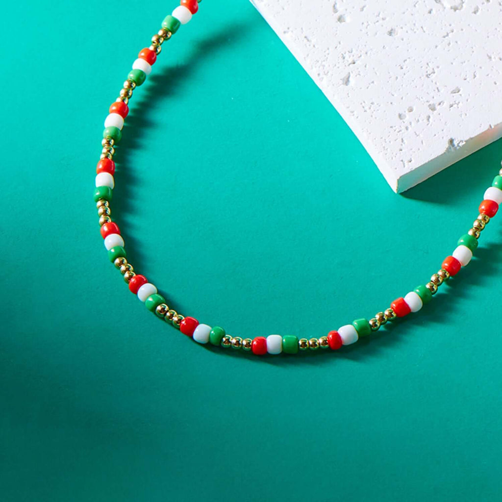 Red Green Rainbow Seed Beads Xmas Choker Necklace Bracelet Set